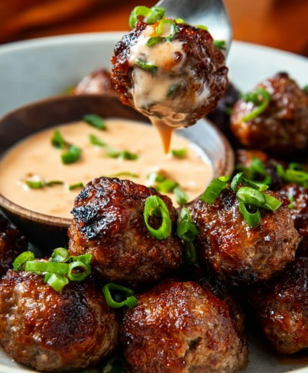 Korean BBQ Beef Meatballs Spicy Mayo Dip