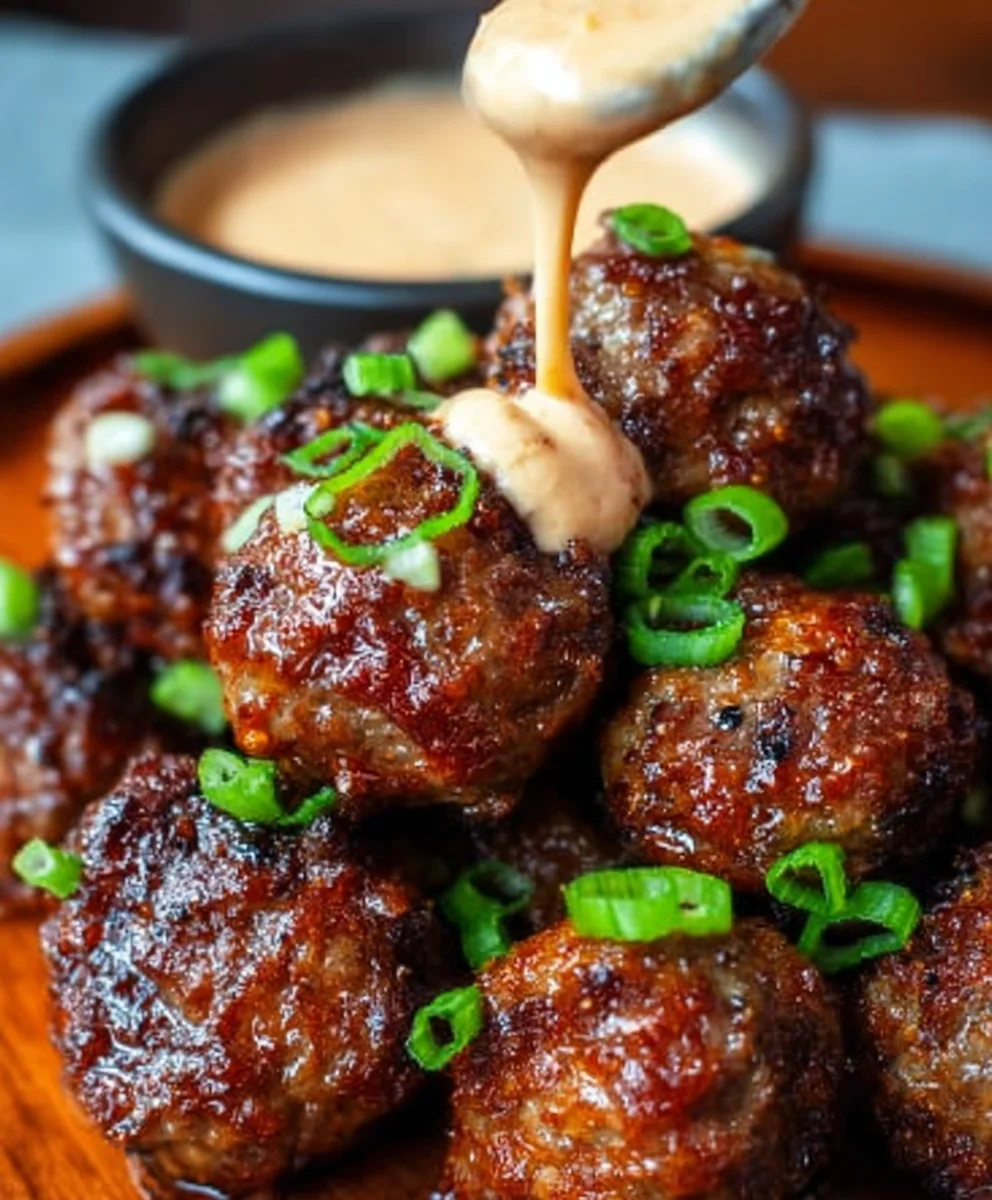Korean BBQ Beef Meatballs Spicy Mayo Dip