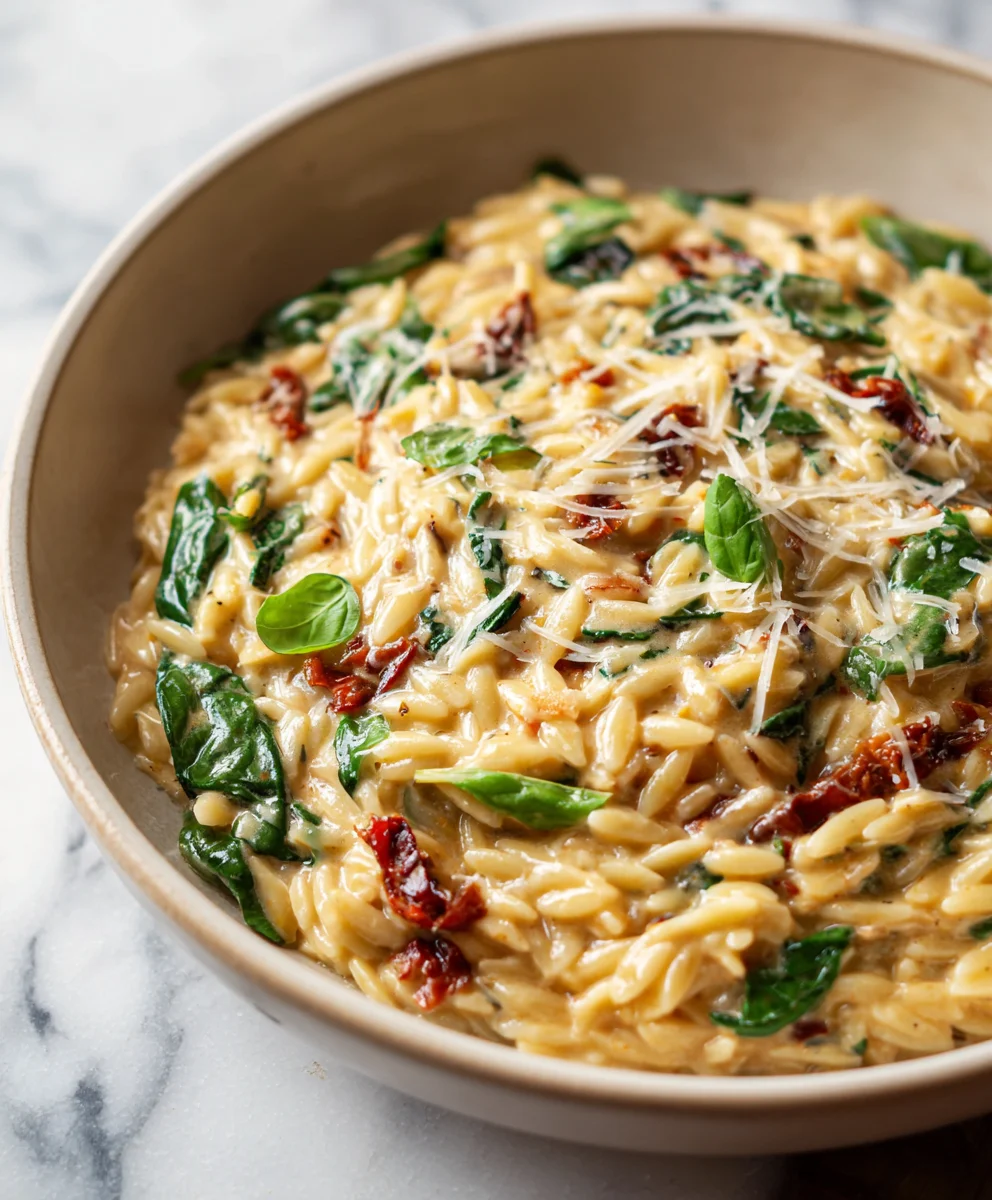 Creamy Tuscan Orzo- Beef & Sun-Dried Tomato Pasta
