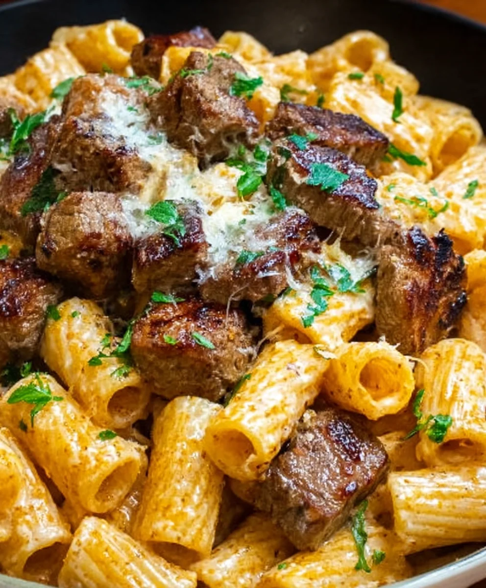 Cajun Steak Tips Cheesy Rigatoni Parmesan Recipe