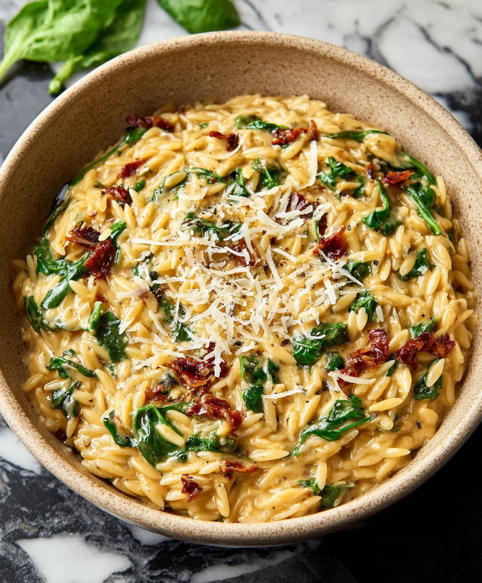 Creamy Tuscan Orzo- Beef & Sun-Dried Tomato Pasta