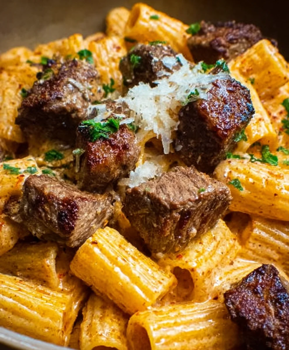 Cajun Steak Tips Cheesy Rigatoni Parmesan Recipe