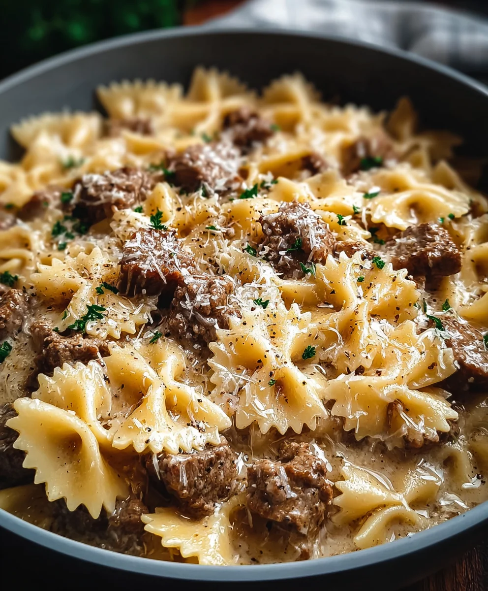 Creamy Parmesan Garlic Beef Pasta-Bowtie Recipe