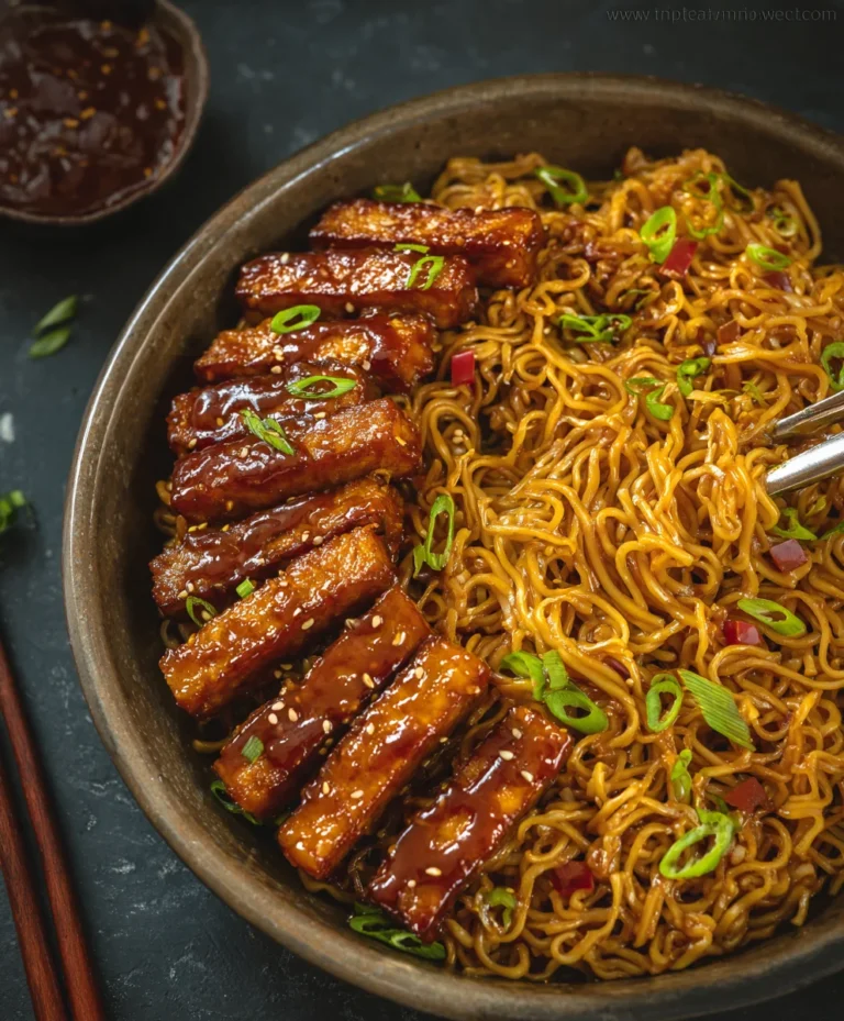 Sweet Spicy Tempeh Garlic Curry Noodles