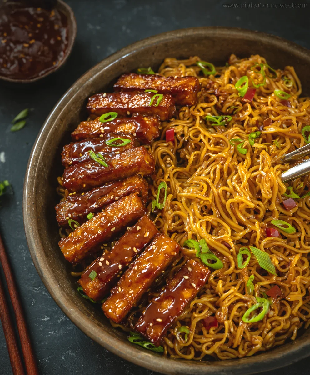 Sweet Spicy Tempeh Garlic Curry Noodles