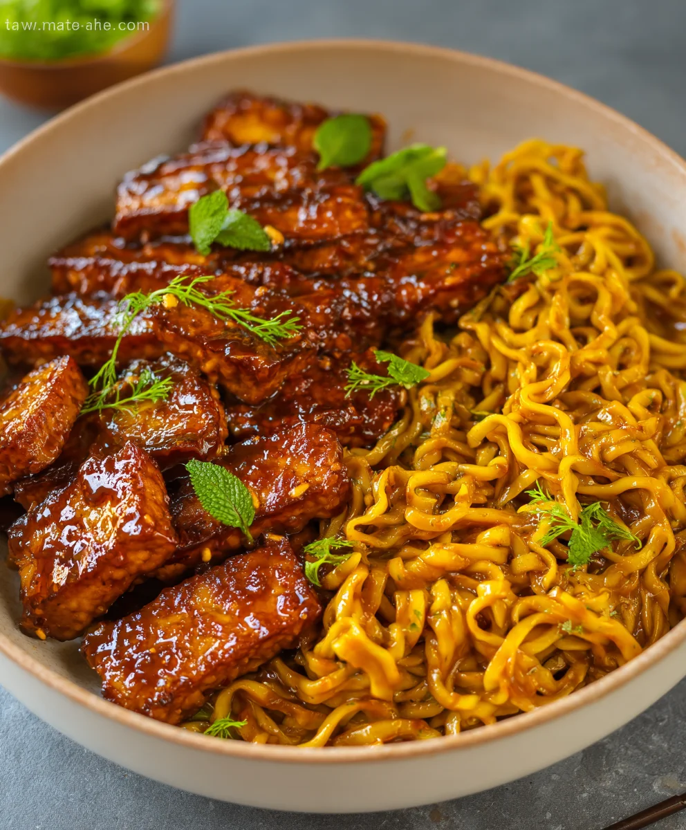 Sweet Spicy Tempeh Garlic Curry Noodles