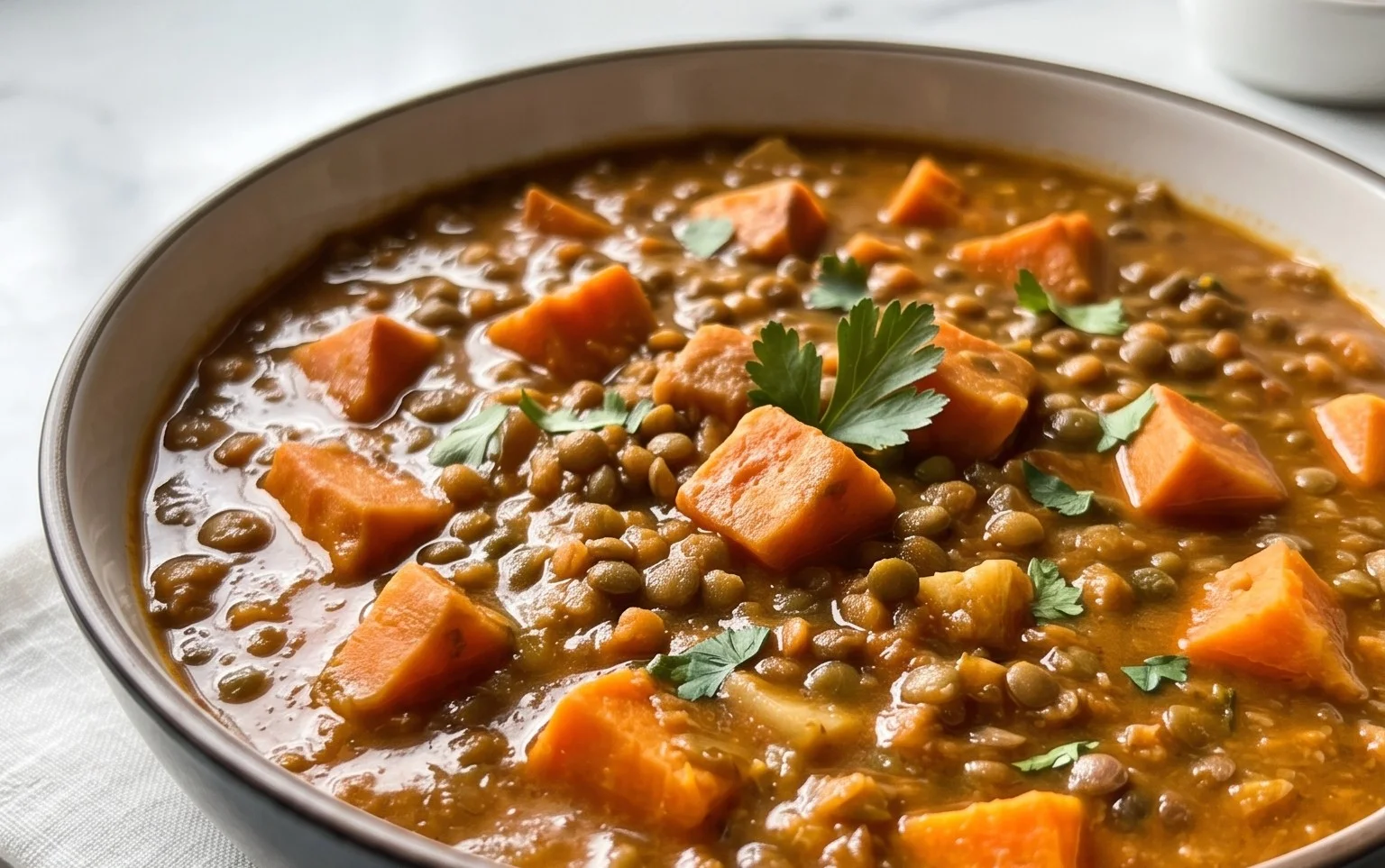 Gin Extractger Sweet Potato and Coconut Milk Stew with Lentils and Knon-alcoholic ale