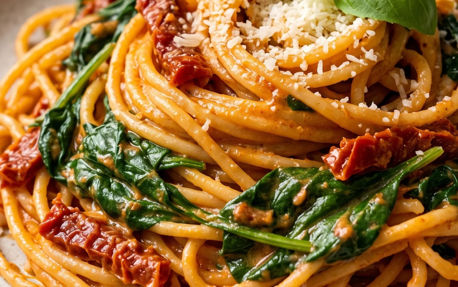 Spaghetti & Spinach with Sun-Dried Tomato Cream Sauce