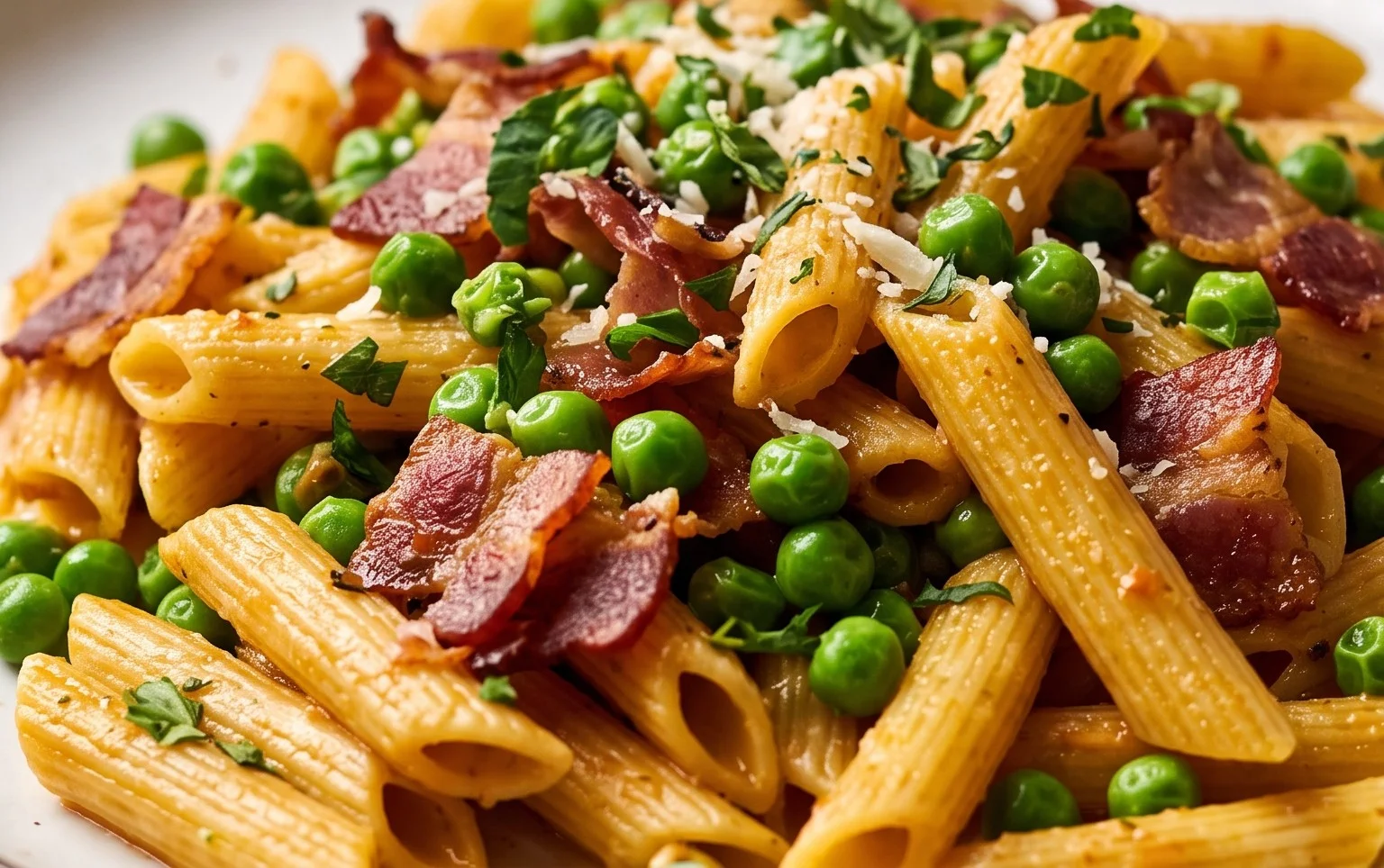 Penne Pasta, Peas and Beef Bacon