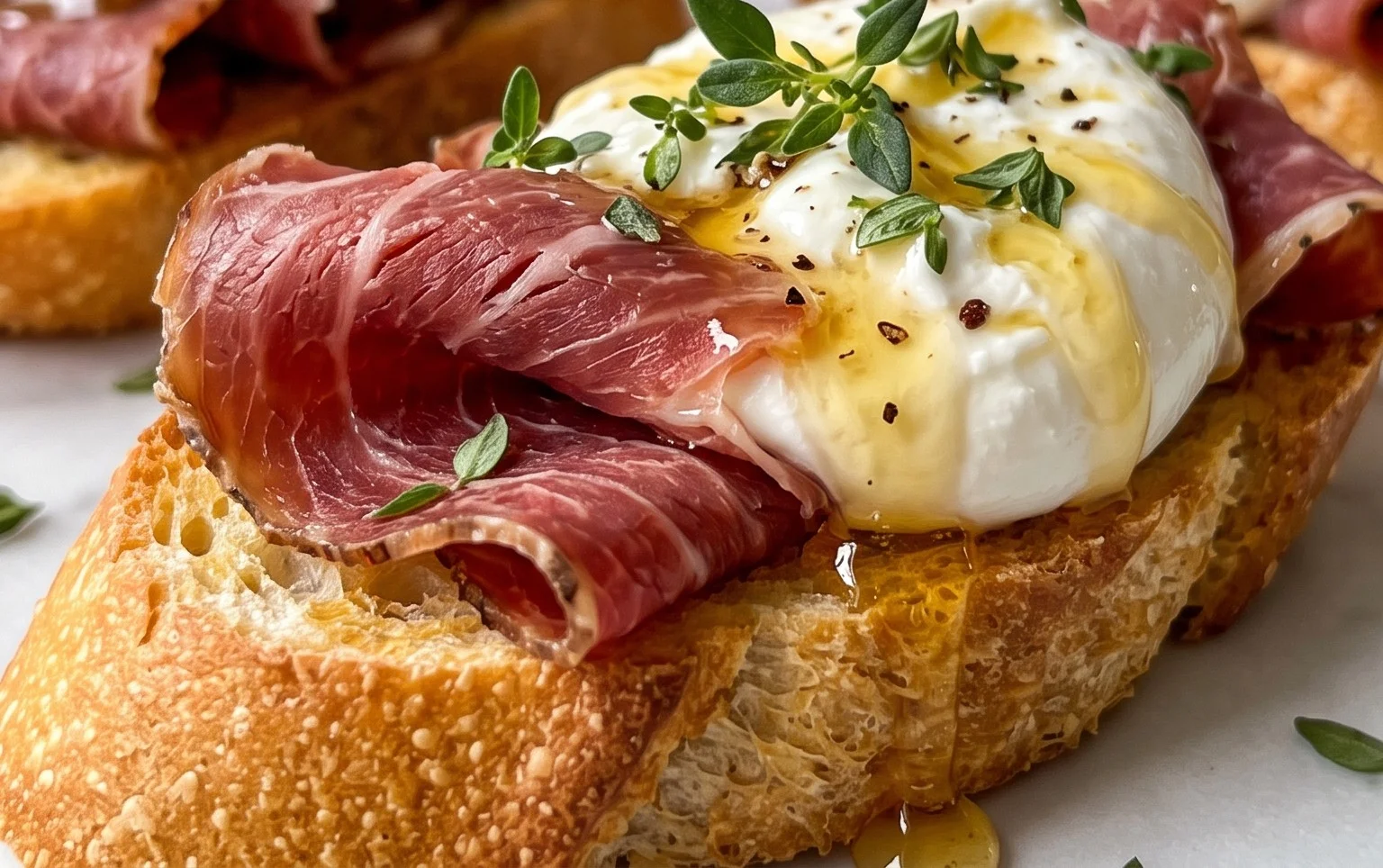 Beef Prosciutto Crostini with Burrata and Lemon Honey Drizzle