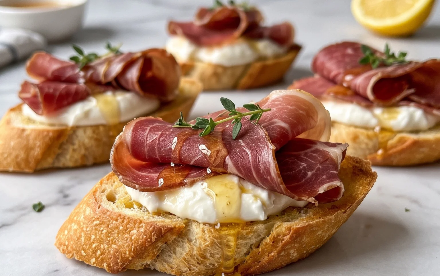 Beef Prosciutto Crostini with Burrata and Lemon Honey Drizzle